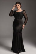 Curveins Plus Size Round Neck Long Sleeve Patchwork Ruched Waist Bodycon Maxi Dress
