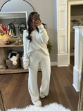Women's Two-Piece Casual Set, Solid Color Long Sleeve Top & Elastic Wide-Leg Pants Pjs, Comfortable Minimalist Round Neck Sleepwear