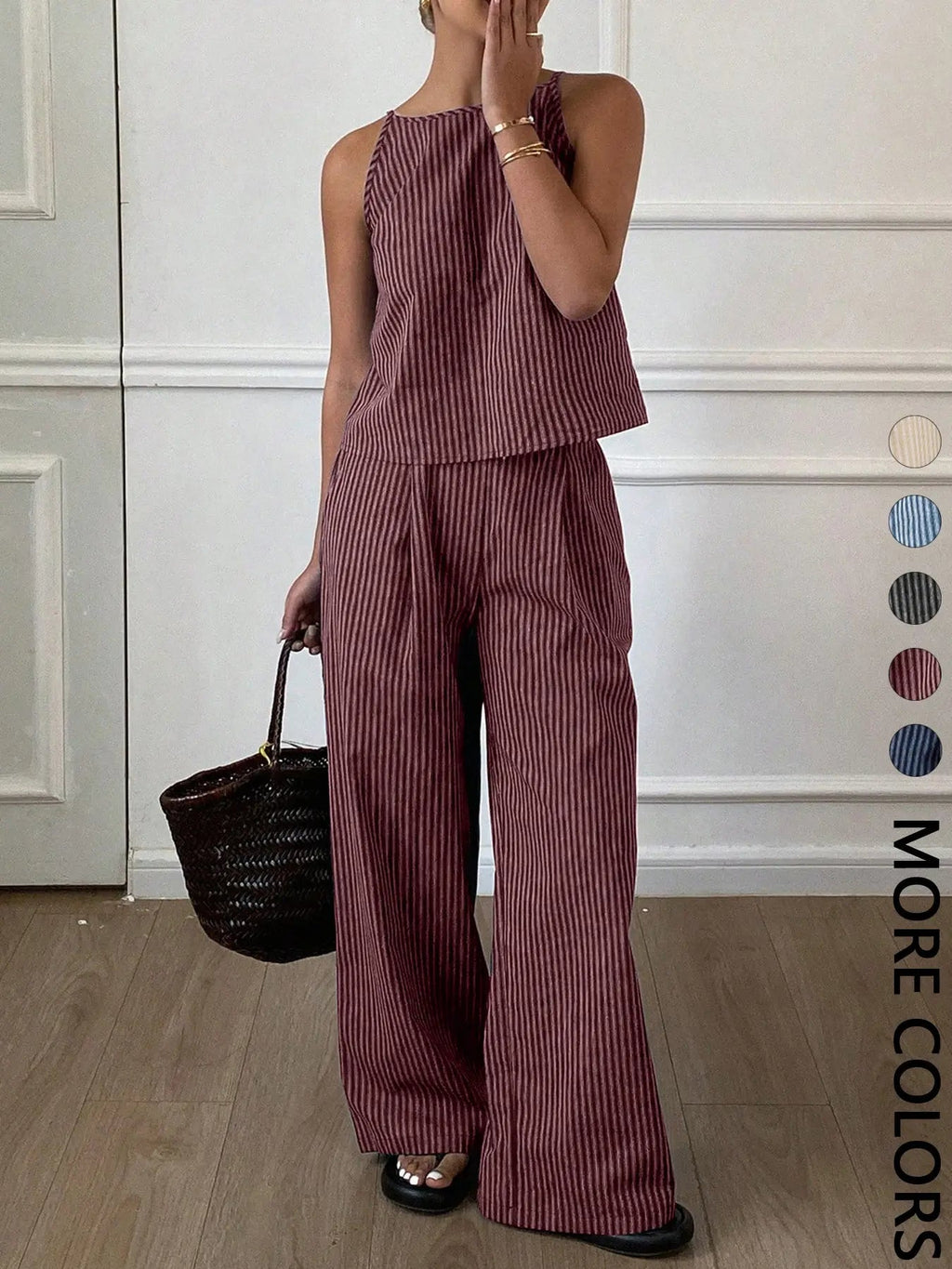 Two-Piece Women's Casual Summer Striped Lightweight Spaghetti Strap Sleeveless Top & Loose Long Pants Outfit Set, Comfortable Stylish Set