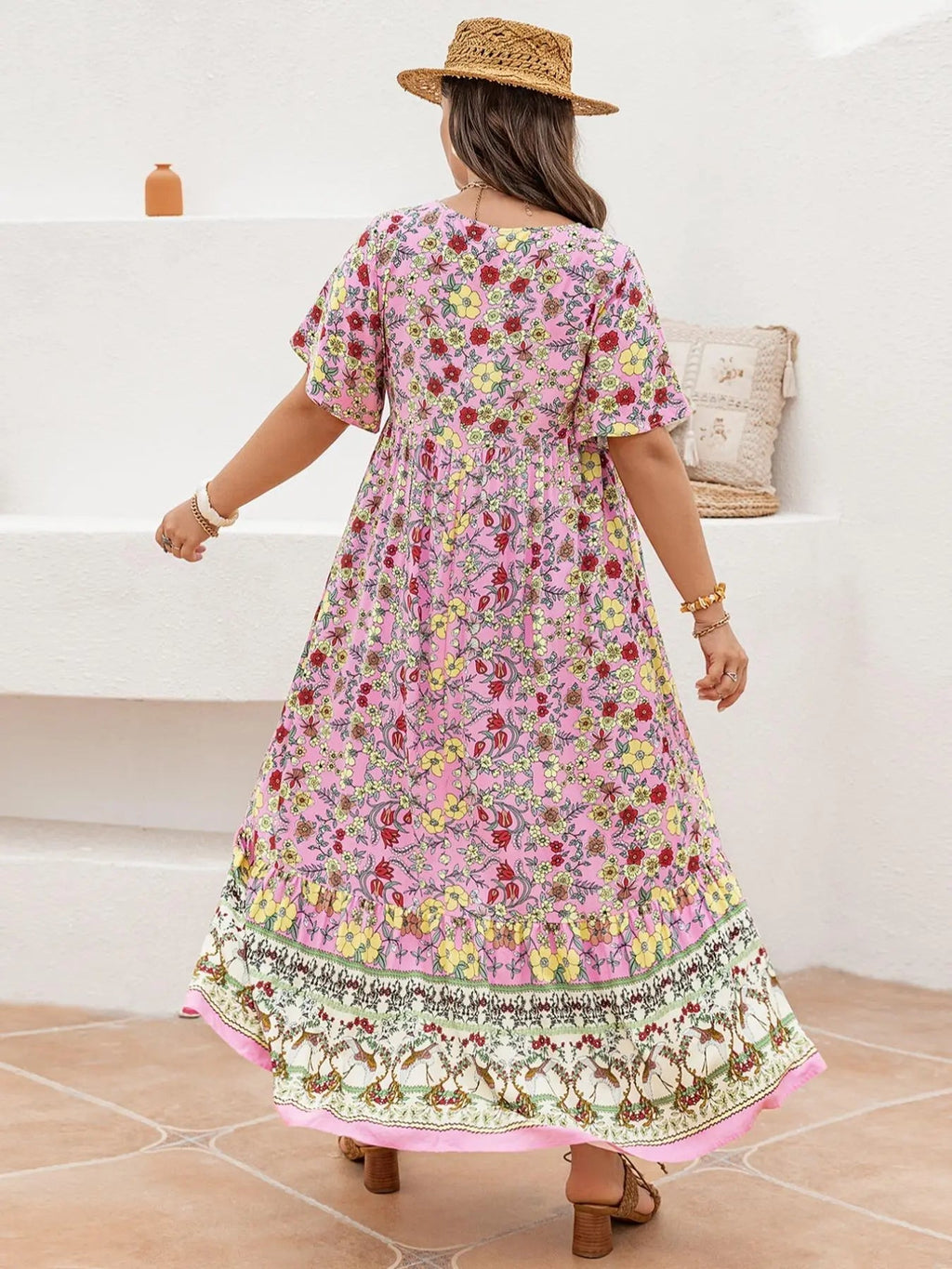 Plus Size Patchwork Floral Print Tie Neck Contrast Lace Ruffle Hem Long Dress, Boho Butterfly Sleeve Smock Dress, Ladies Summer Clothes for Vacation