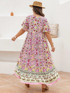 Plus Size Patchwork Floral Print Tie Neck Contrast Lace Ruffle Hem Long Dress, Boho Butterfly Sleeve Smock Dress, Ladies Summer Clothes for Vacation