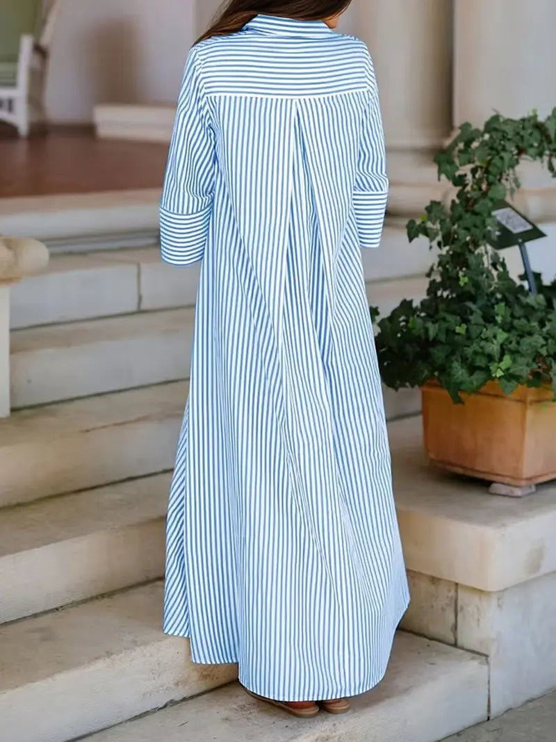 Elegant Women's Loose Collared Button Front Striped Shirt Dress