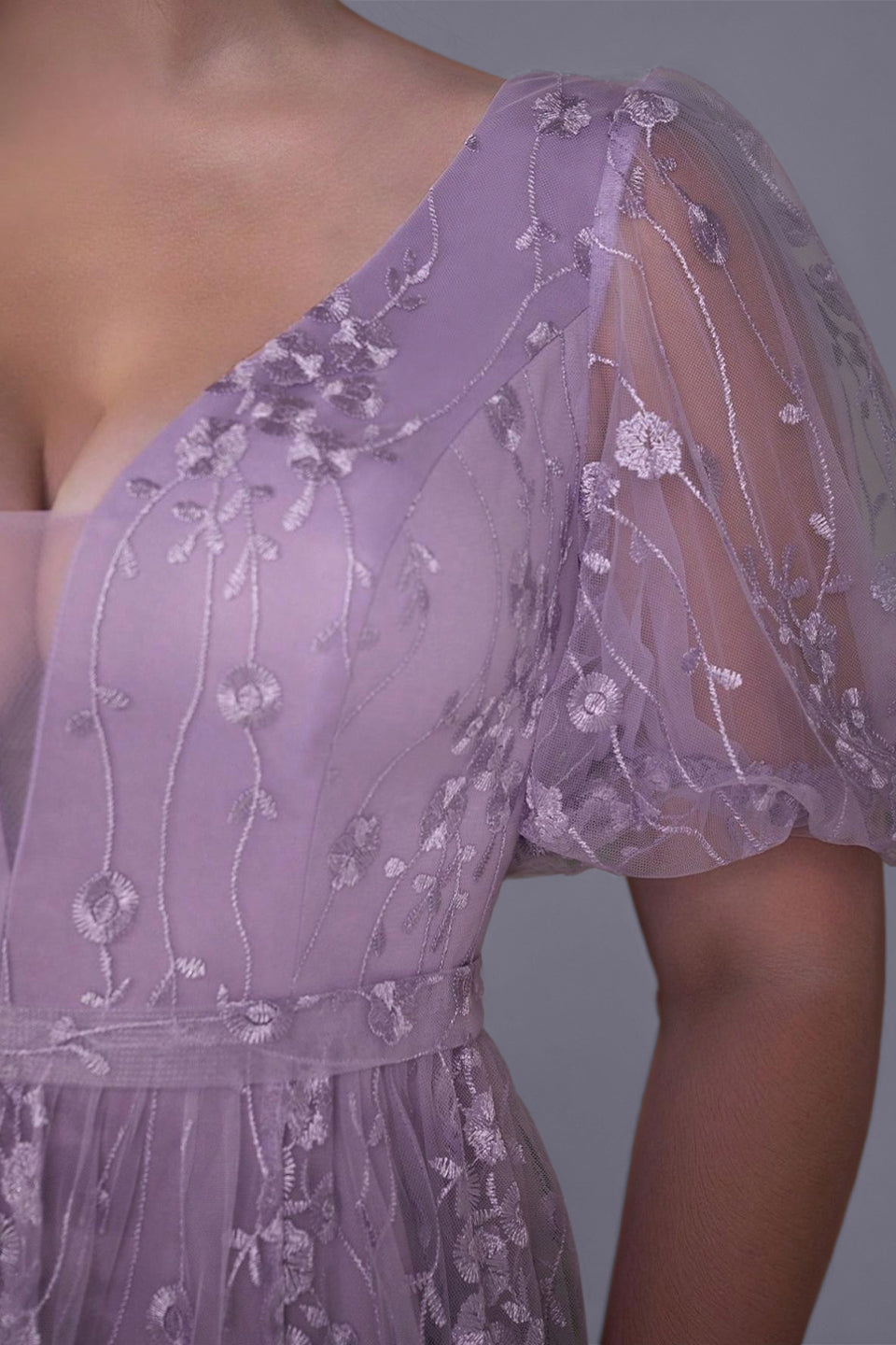 Curveins Plus Size Floral Embroidery V-Neck Puff Sleeve Side-Slit Maxi Dress