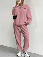 Women's Solid Patched Drop Shoulder Sweatshirt & Elastic Waist Pants Two-piece Set, Casual Fashion Cozy Round Neck Long Sleeve Pullover & Trousers for Daily Wear, Ladies Two-piece Outfits for Fall & Winter