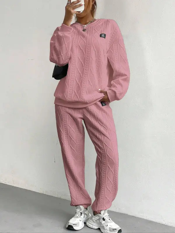 Women's Solid Patched Drop Shoulder Sweatshirt & Elastic Waist Pants Two-piece Set, Casual Fashion Cozy Round Neck Long Sleeve Pullover & Trousers for Daily Wear, Ladies Two-piece Outfits for Fall & Winter