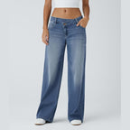 Asymmetric Low Rise Zipper Pockets Baggy Wide Leg Washed Casual Jeans