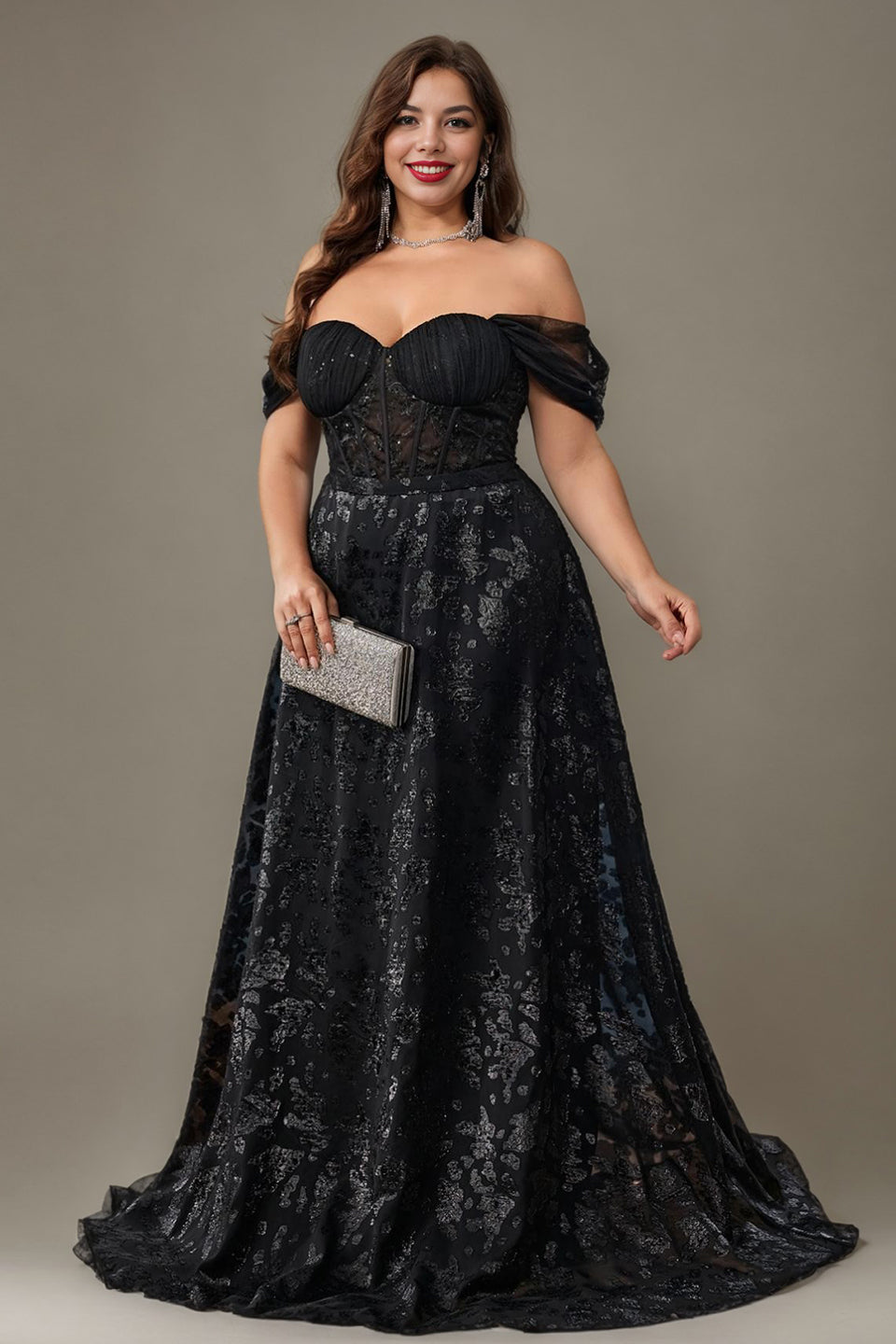 Curveins Plus Size Sparkly Floral Off Shoulder Fitted Waist Maxi Dress