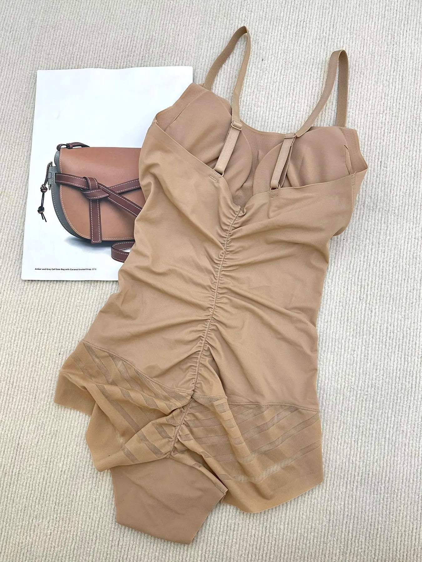 Women's Adjustable Spaghetti Strap Backless Padded Shapewear Bodysuit, Summer Clothes Women, Knitted Solid Ruched Seamless Wireless Basic Bodysuit for Summer, Women's Shapewear for Everyday Wear