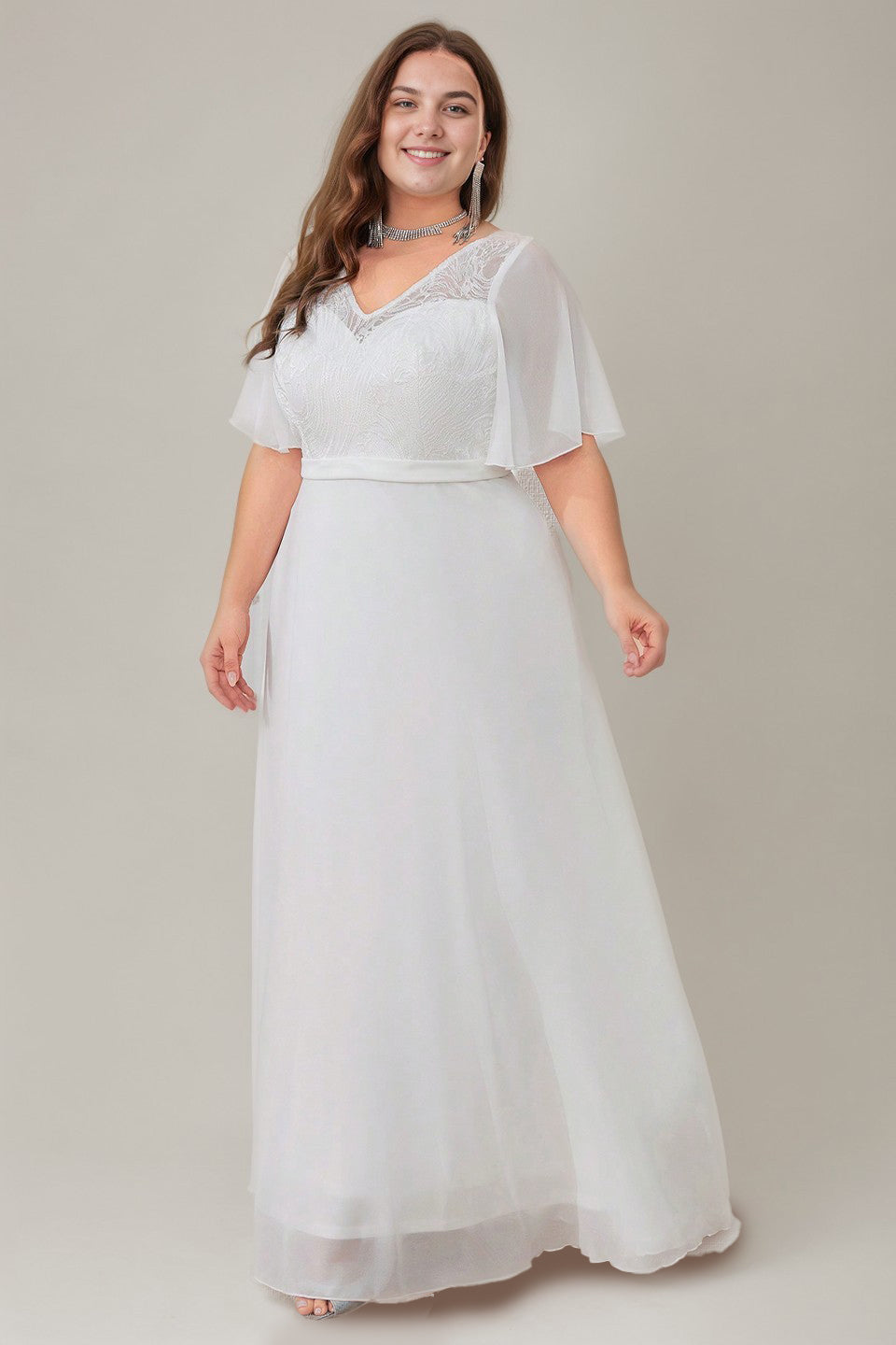 Curveins Plus Size Flowy Chiffon V-Neck  Formal Maxi Dress