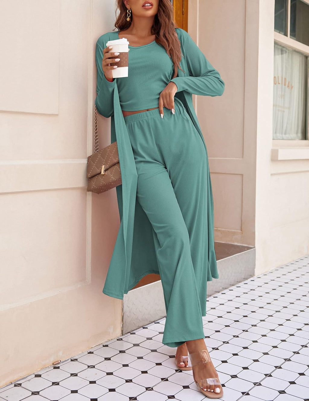 Women's 3 Piece Lounge Set Pajama Long Sleeve Cardigan Sleeveless Top Pants Sweatsuit