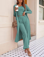 Women's 3 Piece Lounge Set Pajama Long Sleeve Cardigan Sleeveless Top Pants Sweatsuit