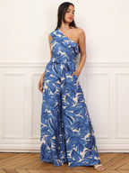 Asymmetric tropical print jumpsuit