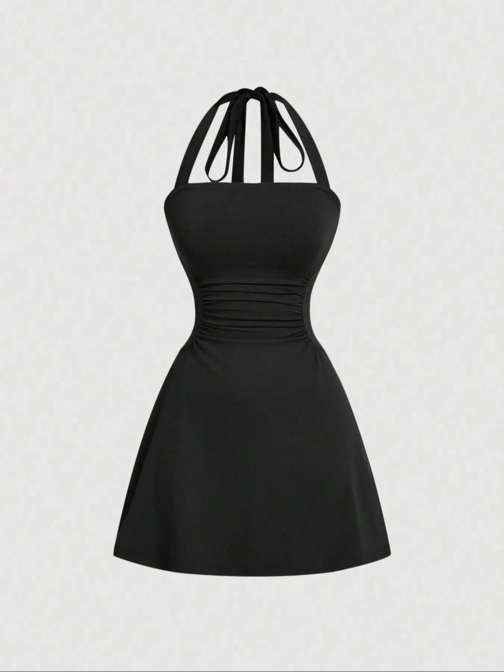 Women's Plain Ruched Tie Back Halter Neck Dress