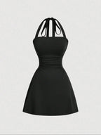 Women's Plain Ruched Tie Back Halter Neck Dress
