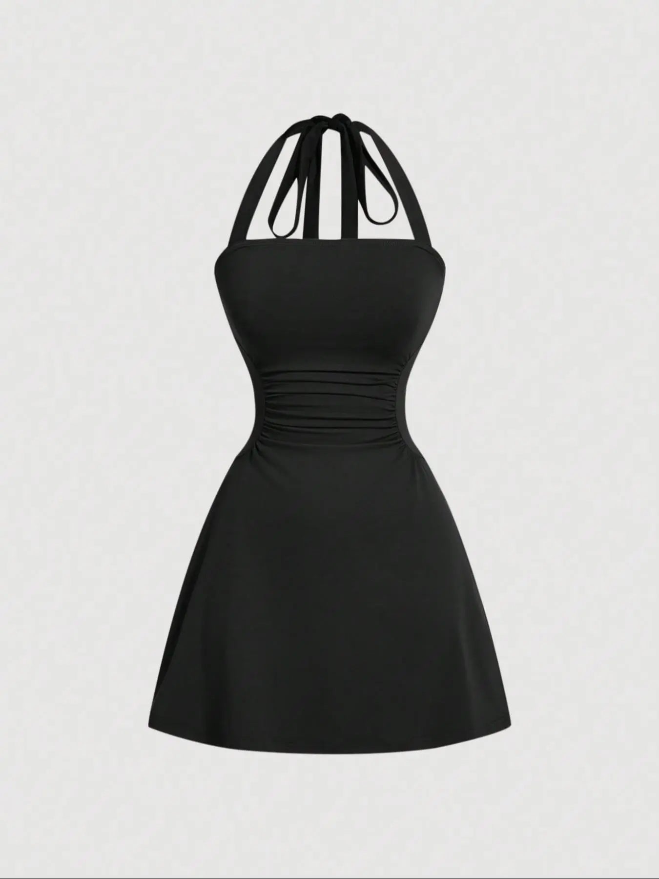 Women's Plain Ruched Tie Back Halter Neck Dress
