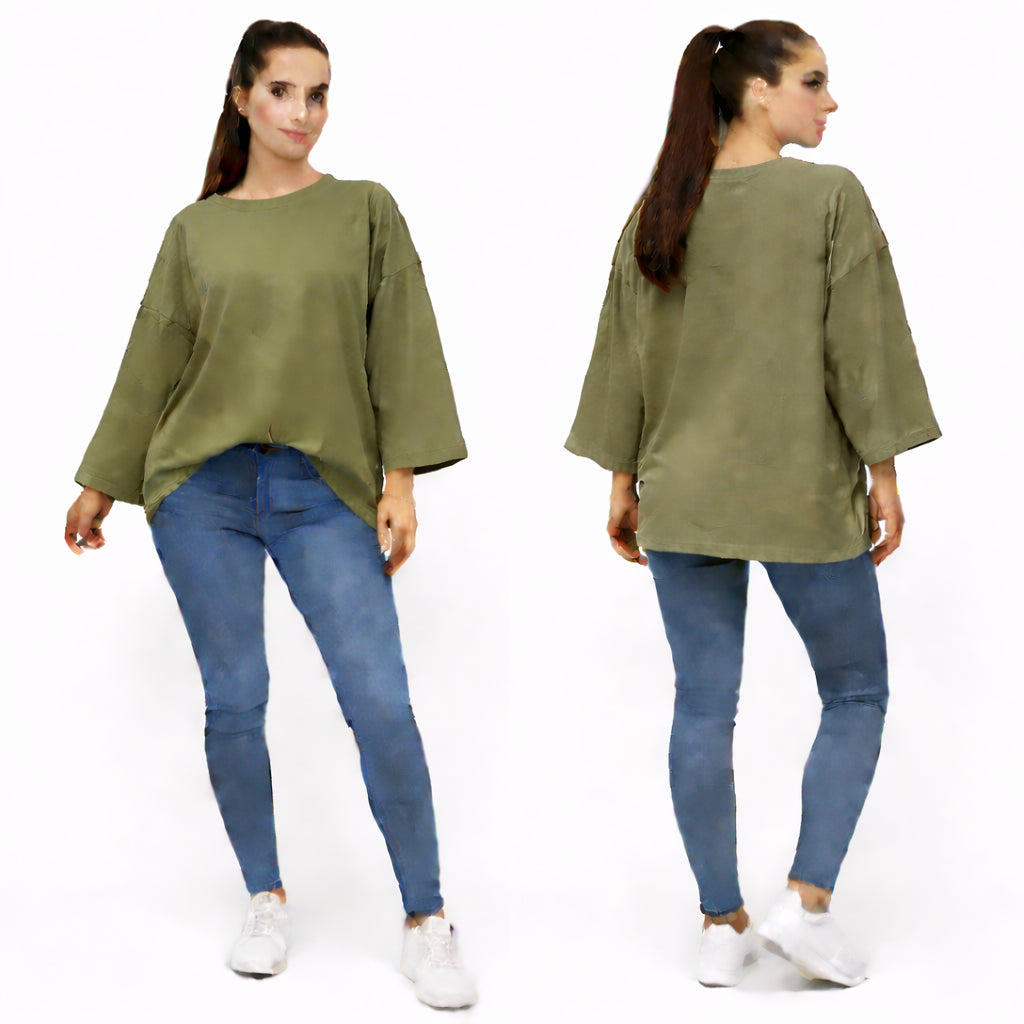 T-shirt uni oversize femme manches longues 100% coton – coupe ample, basique tendance