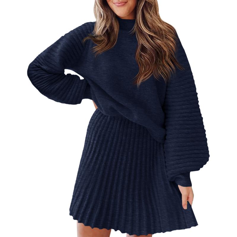 Women's 2 Piece Outfits 2025 Long Sleeve Mock Neck Ribbed Sweaters And Mini Skirt Two Piece Sets