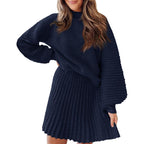 Women's 2 Piece Outfits 2025 Long Sleeve Mock Neck Ribbed Sweaters And Mini Skirt Two Piece Sets