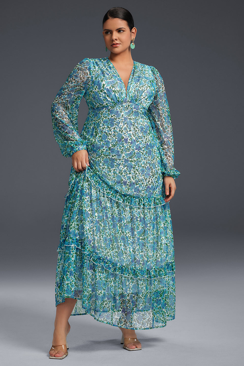 Curveins Plus Size Floral Print Lantern Sleeve Tiered Maxi Dress