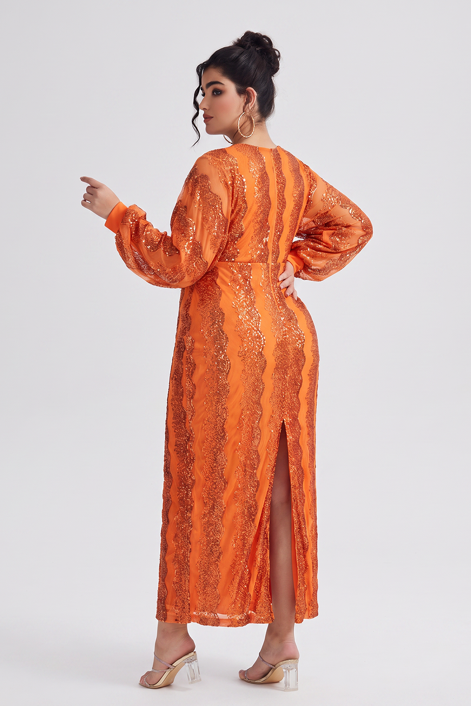 Curveins Plus Size V-Neck Sequin Balloon Sleeve Back-Slit Elegant Evening Maxi Dress