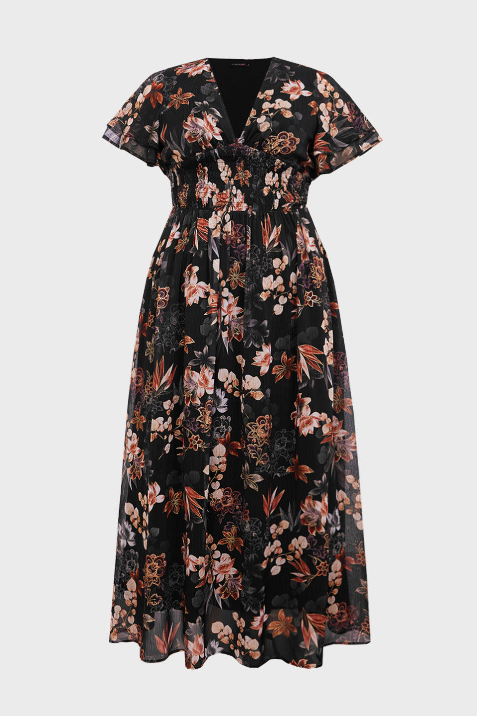 Curveins Plus Size V Neck Batwing Sleeve Floral Print Flowing Maxi Dress