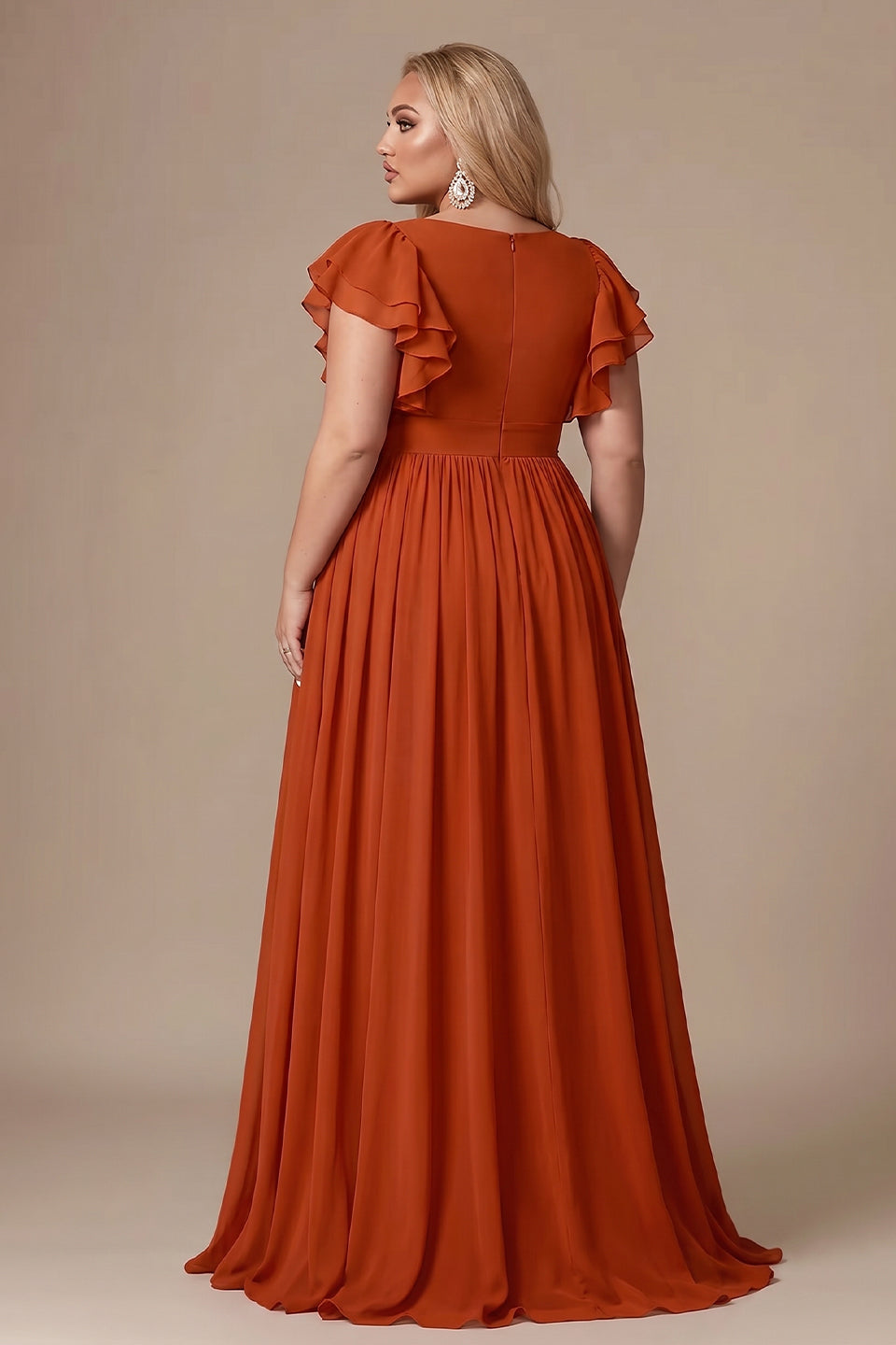 Curveins Plus Size V-Neck Ruffle Sleeve Split A-Line Maxi Dress