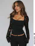 Women's Solid Color Lace Floral Spliced Ruffles Trim Sheer Long Sleeve Tee, Sexy Flower Pattern Designed Slim-fit T-shirt for Party Club Holiday, Ladies Summer Clothes, Top