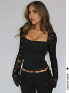Women's Solid Color Lace Floral Spliced Ruffles Trim Sheer Long Sleeve Tee, Sexy Flower Pattern Designed Slim-fit T-shirt for Party Club Holiday, Ladies Summer Clothes, Top