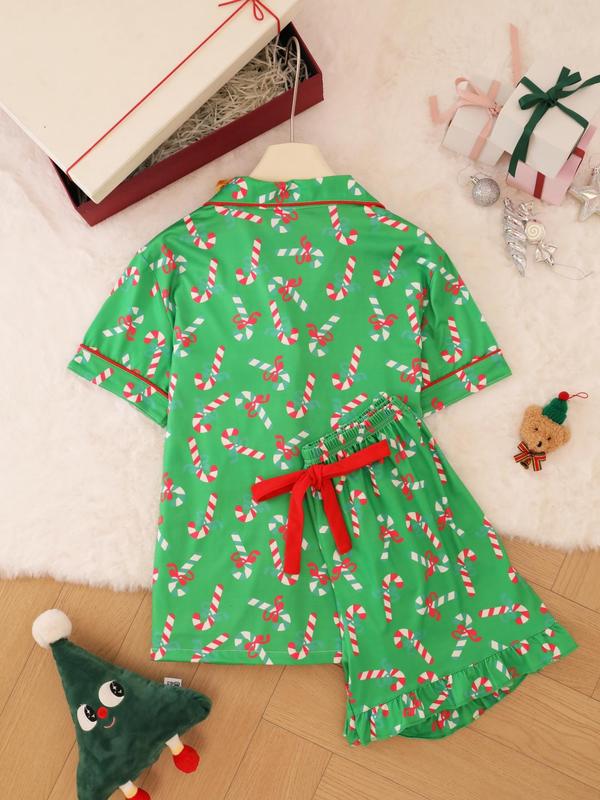 2 pieces of ladies' Christmas cane candy printed short sleeved shorts sleepwear set with buttons, collars, bows, suitable for comfortable and casual home wear in all seasons