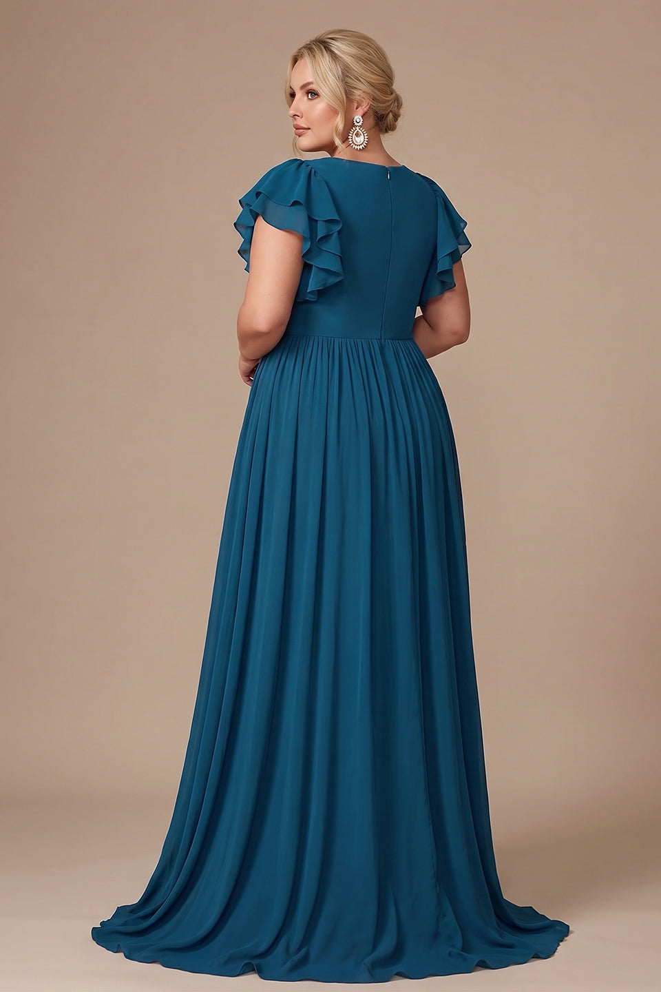 Curveins Plus Size V-Neck Ruffle Sleeve Split A-Line Maxi Dress