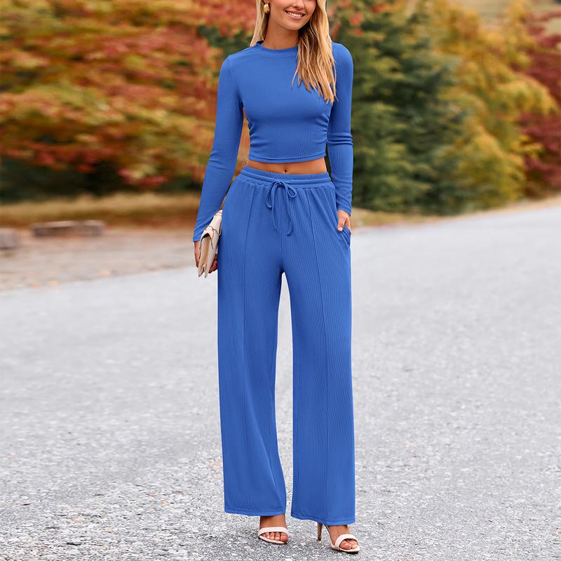 2-Piece Ribbed Knit Long Sleeve Crop Top Wide Leg Pants Matching Lounge Set Loungewear