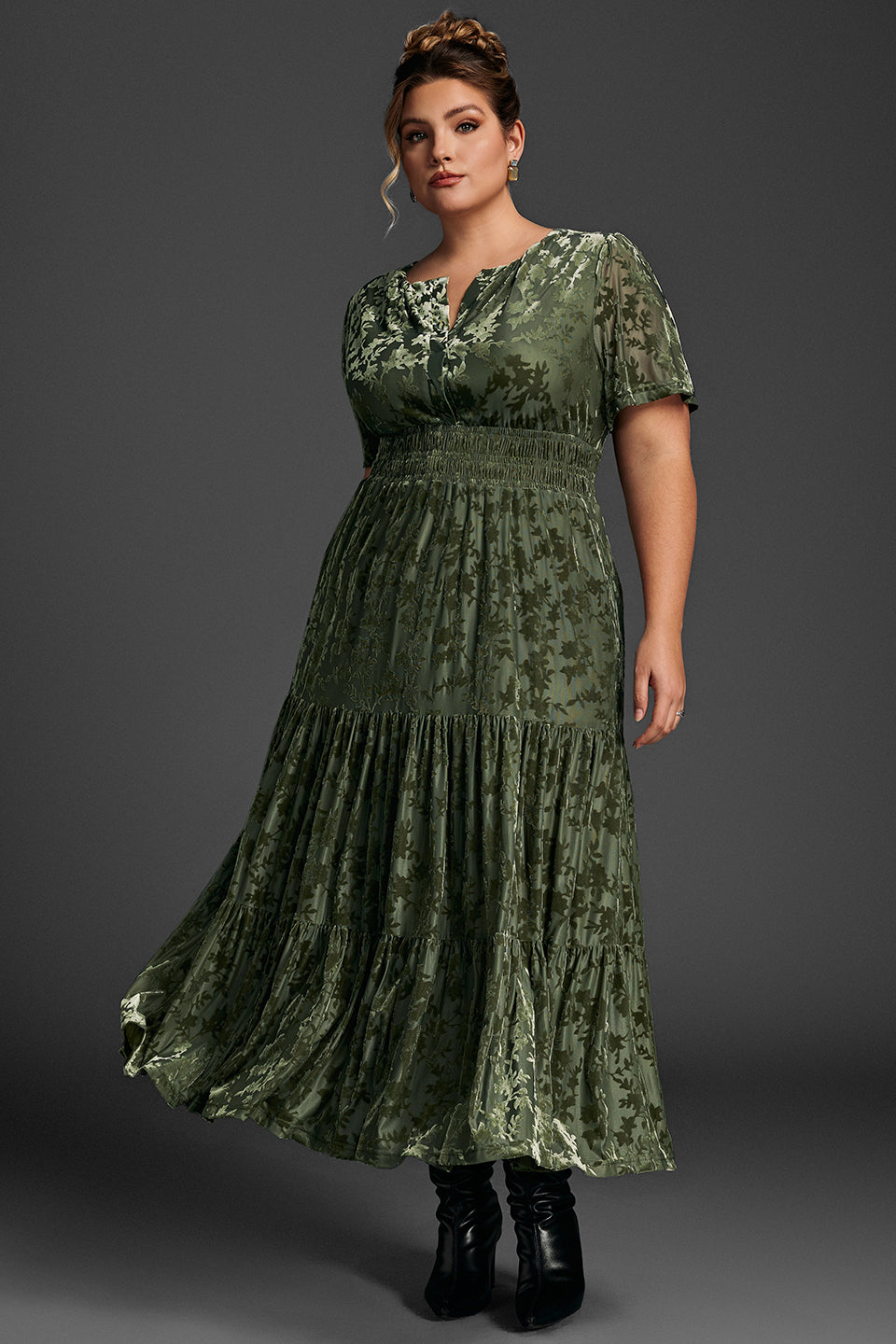 Curveins Plus Size Velvet V-Neck Ruched  Dress