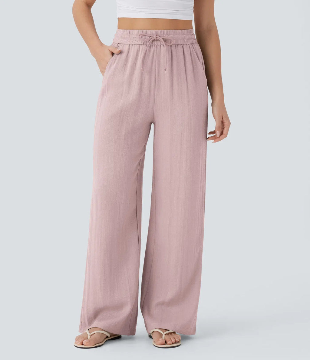Casual High-Waisted Linen Trousers with Drawstring and Wide Pockets