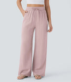 Casual High-Waisted Linen Trousers with Drawstring and Wide Pockets
