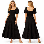 Robe longue femme smockée manches bouffantes coupe fluide à volants style élégant été