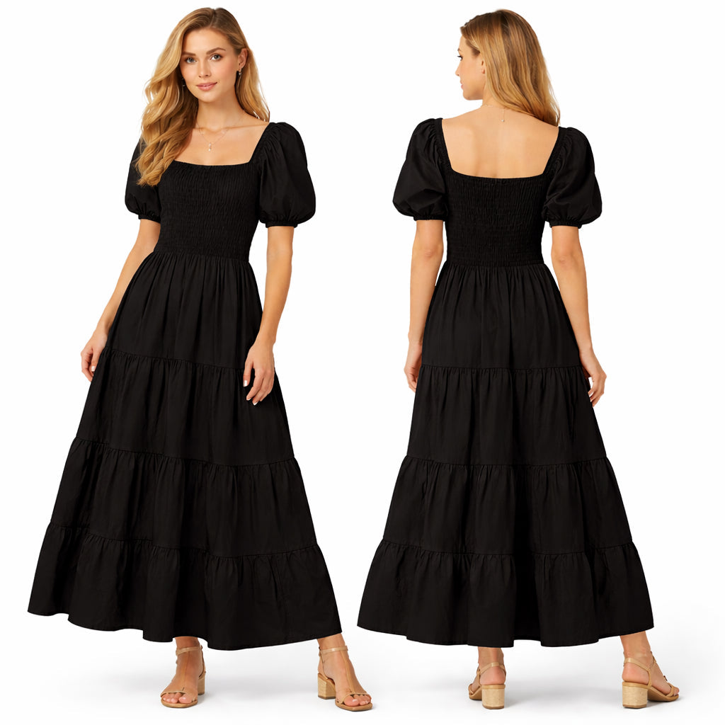 Robe longue femme smockée manches bouffantes coupe fluide à volants style élégant été