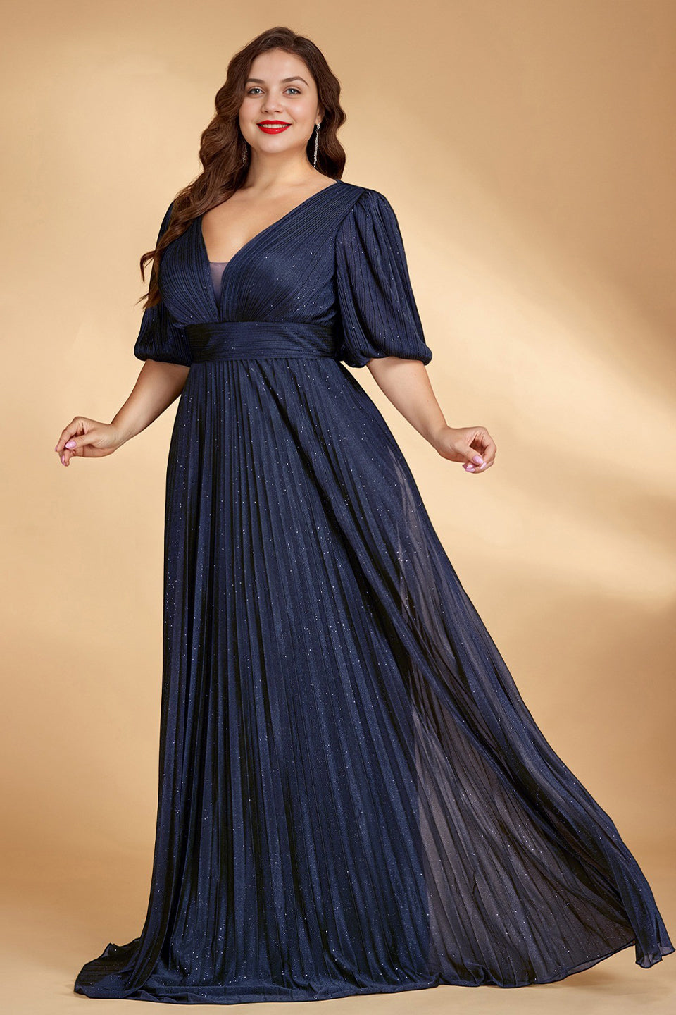 Curveins Plus Size Lantern Sleeve Flowy V Neck Gathered Waist Chic Pleated Maxi Dress