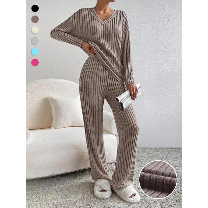 Women's Solid Drop Shoulder Pocket Lounge Set, Casual Long Sleeve V Neck Top & Straight Leg Pants Two-piece Set, Women's Sleepwear