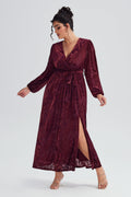 Curveins Plus Size Burgundy Velvet Wrap Maxi Dress