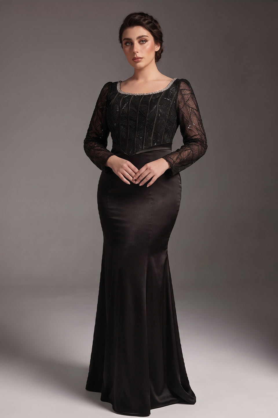 Curveins Plus Size Round Neck Long Sleeve Patchwork Ruched Waist Bodycon Maxi Dress