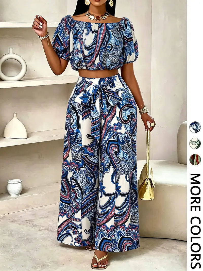 Women's solid-color wide-leg pant set, casual off-shoulder top and palazzo pants for summer, beach vacation wear for women.