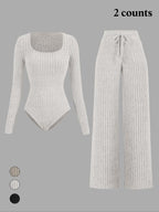 Women's Slim-Fit Solid Color Ribbed Fleece Jumpsuit Set, Wide Leg Pants, Fashionable Comfortable Fabric for Daily Wear