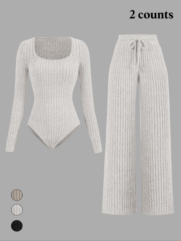 Women's Slim-Fit Solid Color Ribbed Fleece Jumpsuit Set, Wide Leg Pants, Fashionable Comfortable Fabric for Daily Wear