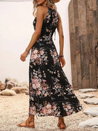 Women's Floral Print Split Thigh Halter Dress, Tie Back Design, Bohemian Boho Summer Long Sleeveless Fitted Dress, Elegant Printed Series