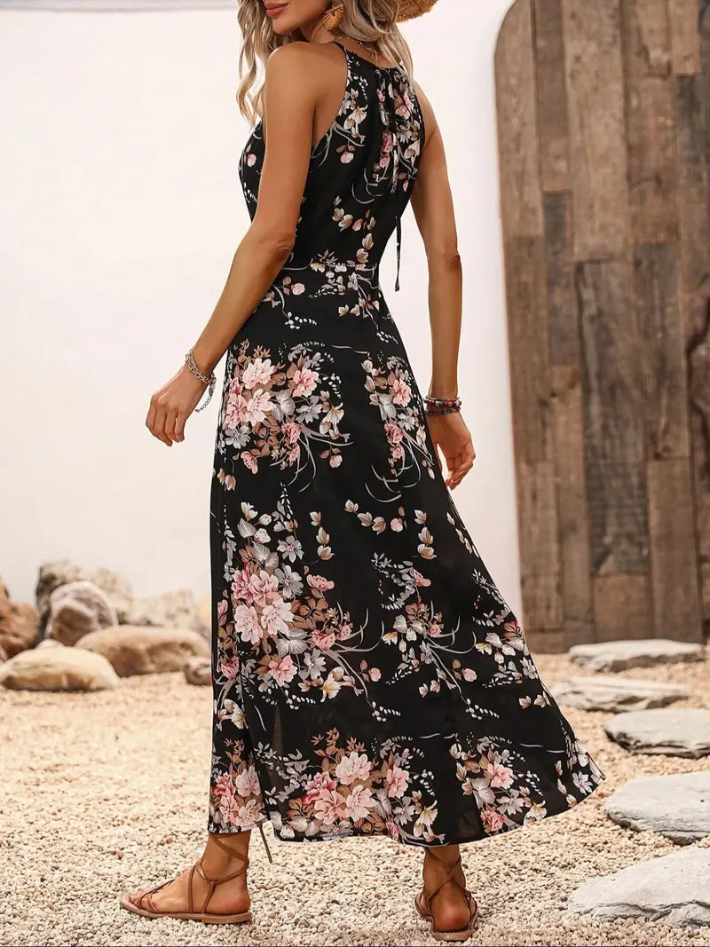 Women's Floral Print Split Thigh Halter Dress, Tie Back Design, Bohemian Boho Summer Long Sleeveless Fitted Dress, Elegant Printed Series