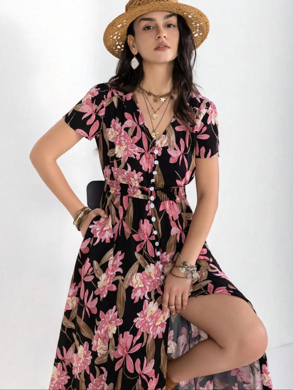 Women's Floral Print Button Front Shirred Bohemian Casual Wear Dress, Boho Pocket V Neck Short Sleeve A Line Dress, Women's Dress for Summer Beach Holiday Vacation, Casual Boho Chic