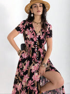 Women's Floral Print Button Front Shirred Bohemian Casual Wear Dress, Boho Pocket V Neck Short Sleeve A Line Dress, Women's Dress for Summer Beach Holiday Vacation, Casual Boho Chic