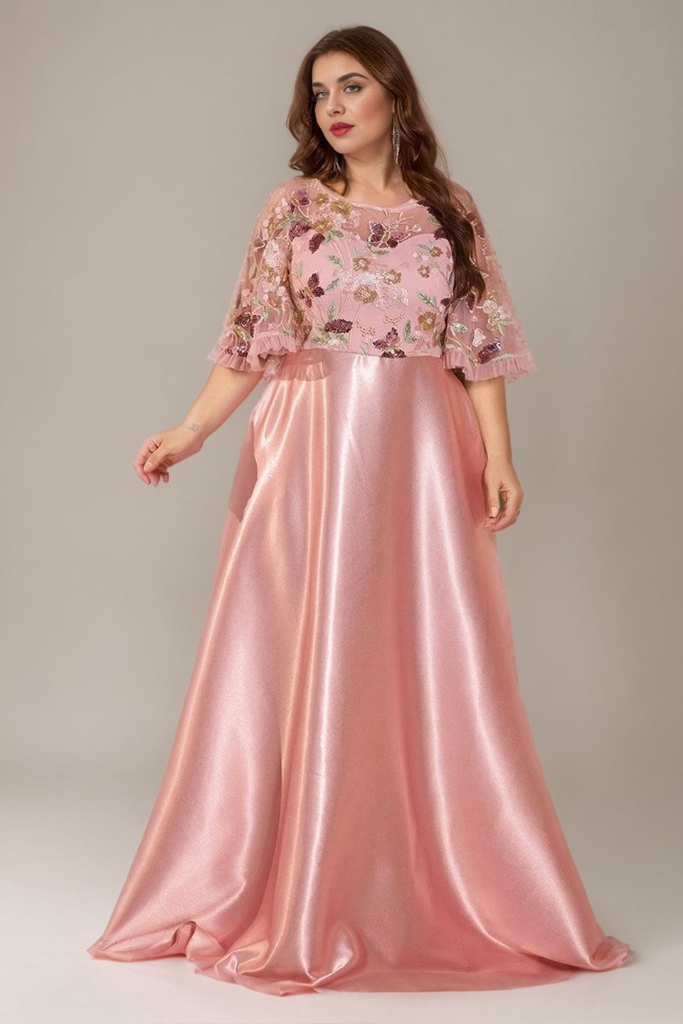 Curveins Plus Size Round Neck Batwing Sleeve Ruffle Patchwork Elegant Maxi Dress