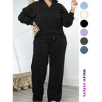 Women's Solid Long Sleeve Sweatshirt & Drawstring Waist Pants Set, Casual Fashion Cozy Two-piece Outfits for Daily Outdoor Wear, Women Clothes for All Seasons