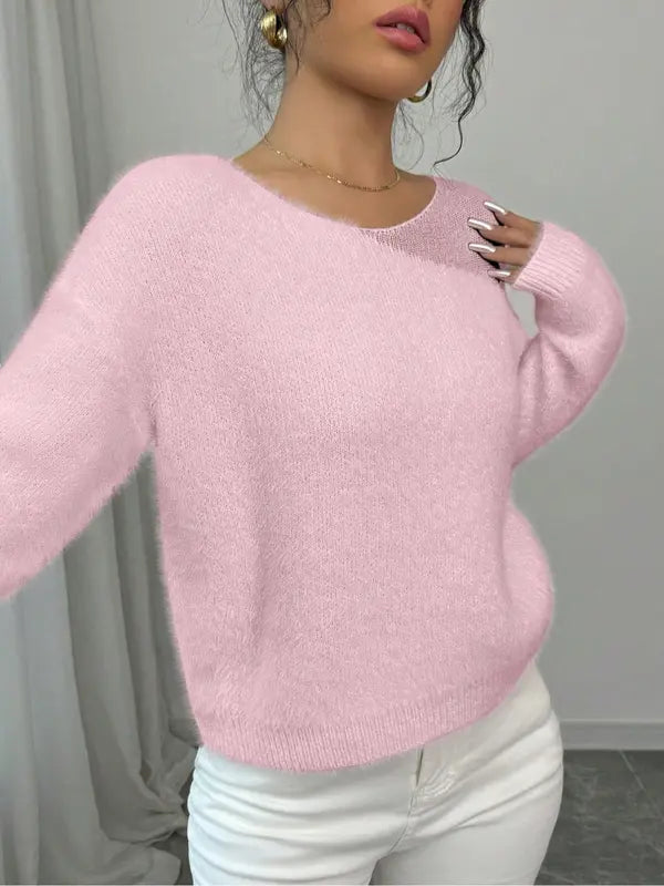 Women's Solid Color Sweater, Casual Long Sleeve Jumper for Fall & Winter, Comfortable Women's Knitwear for Daily & Party Wear